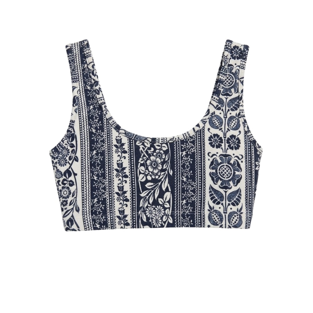 See You Monday Floral Paisley Crop Top Navy Blue White Boho Festival Tank M